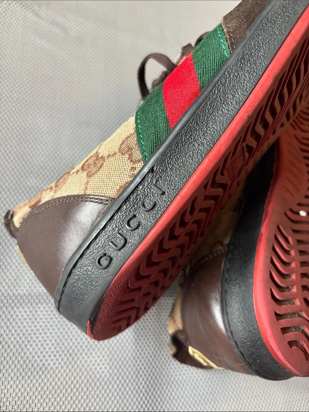 Gucci Brown leather & Beige GG Canvas Sneakers with Green and Red Stripe mns 10